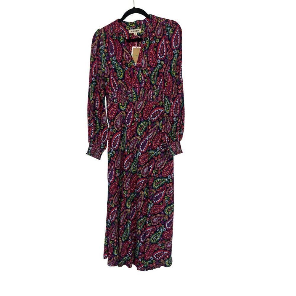Boden Womens Dress Midi Paisley UK 10 US 6 Purple Ivy Smocked Vneck D1034 NWT - Picture 2 of 14